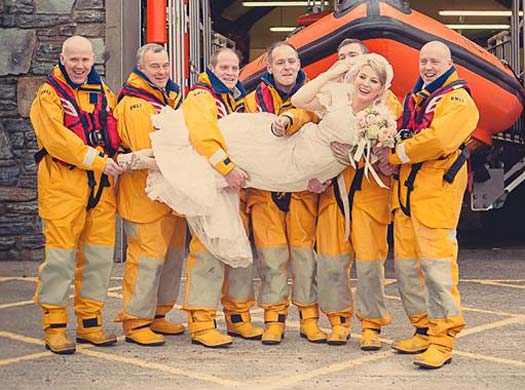 New bride Sinéad O'Sullivan with her fellow Clifden lifeboat crew