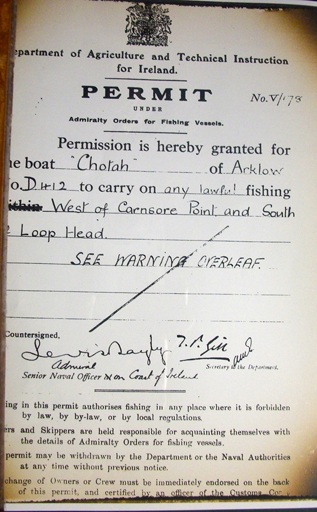 Chotah’s Fishing Permit for 1919 Arklow Maritime Museum