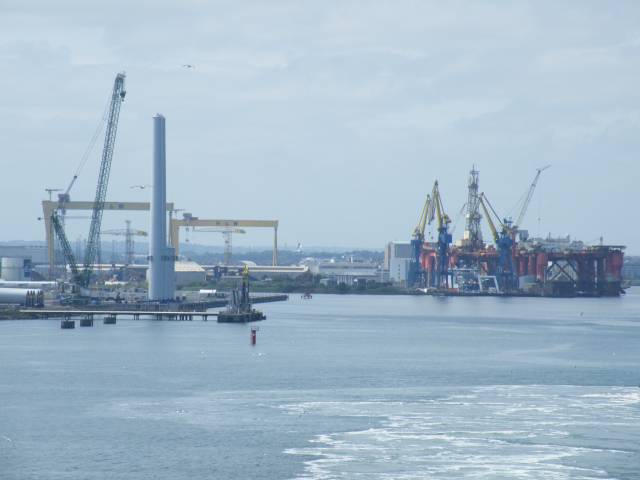 Dong Energy facility (on left) with backdrop of H&W's famous Samson & Goliath cranes and oil platforms at the marine engineering facility on Belfast Lough