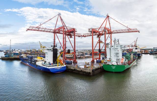 Containerships docked in Ireland's largest port, Dublin where annual volumes of goods is expected to rise to 77.2 million tonnes by 2040. Afloat adds the containerships are docked at the DFT Terminal, one of three Lo-Lo facilities located in the port estate.  