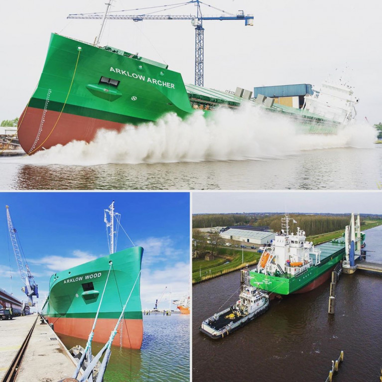 Newbuilds pictorial: Arklow Archer, the latest of a new 'A' class series of bulk orientated dry-cargo vessels for the Irish owners Arklow Shipping. At the ship's launch the customary gathering of the public to view the spectacle was not an option due to Covid-19 health restrictions. Also depicted beneath is another newbuild the W' class Arklow Wood.