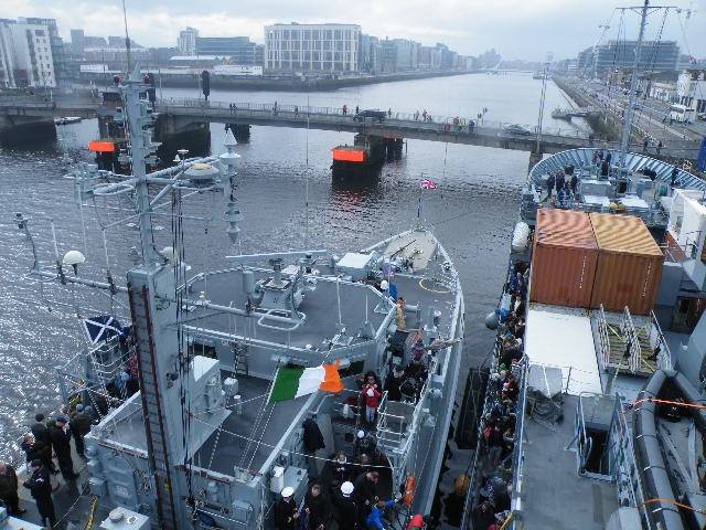 HMS Ramsey (on left) alongside German auxiliary FGN Donau that visited Dublin Port as part of a six-strong NATO flotilla.