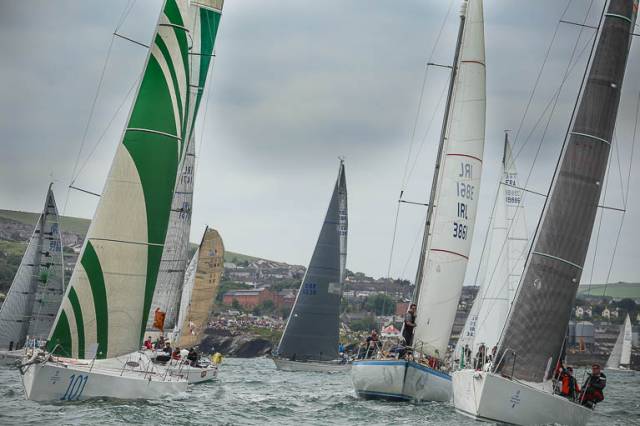 A crowded start line for the 2016 Round Ireland Race from Wicklow, part of the RORC Points Championships