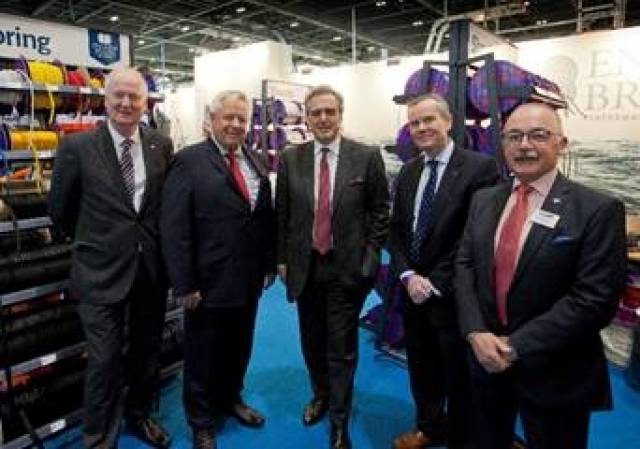  [L-R: At the London Boat Show today - Howard Pridding, Chief Executive Officer at British Marine; Peter Earp, Owner of English Braids/Marlow Ropes; Mark Garnier MP, Parliamentary Under Secretary of State at the Department for International Trade; Richard Edge, Sales Director for Marlow Ropes; David Pougher, President of British Marine]