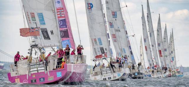 The Clipper Race fleet departing New York on Monday