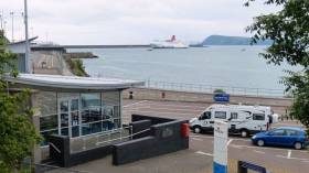 Operator Stena Line said it did not now &quot;have a timescale for future developments&quot; at Fishguard. Afloat adds the ferry to Rosslare Stena Europe is seen off the breakwater.