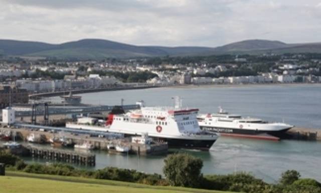 Steam Packet ropax Ben-My-Chree and fastferry Manannan (on right) berthed at Victoria Pier, Douglas Harbour