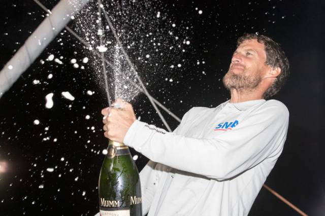 Meilhat celebrating his biggest win to date on the dock in Guadeloupe