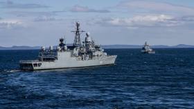 The German Navy frigate FGS Augsburg (left) recently took part in exercises involving rocket shooting in waters near Sundsvall, Sweden. Also involved is the corvette, FGS Erfurt auf dem. 