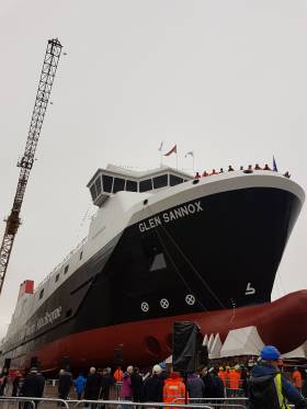 MV Glen Sannox prior to the launch (just over a year ago) at the Scottish shipyard in Port Glasgow on the Clyde by First Minister, Nicola Sturgeon.