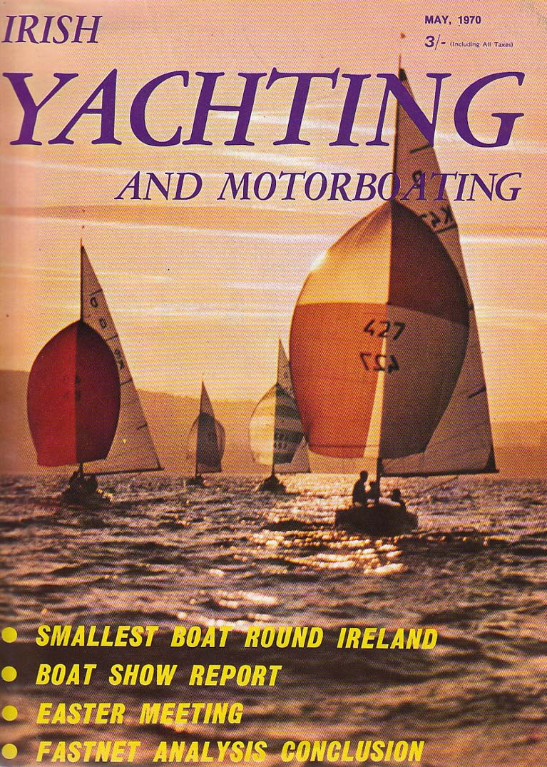 Cover of Irish Yachting & Motorboating for May 1970, showing the International Dragons in a club evening race at RNIYC at Cultra on Belfast Lough with Jeremy Hughes in Medusa leading