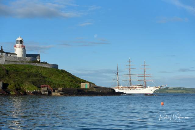 Sea Cloud II passes Roches Point lighthouse on her arrival into Cork Harbour