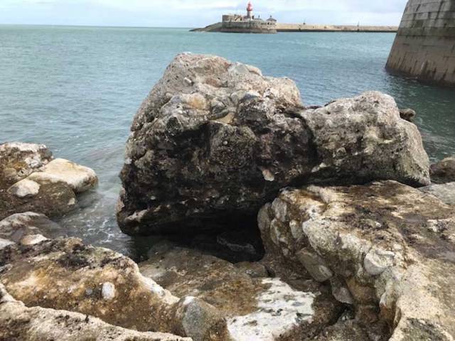 A large piece of stonework dislodged from the roundhead apron at Dun Laoghaire’s West Pier
