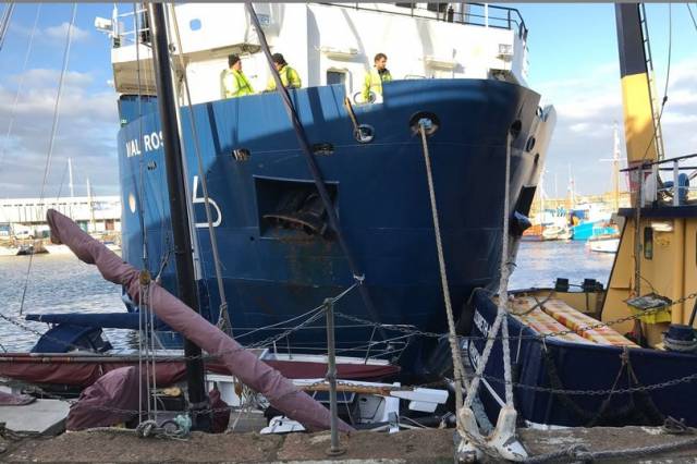 The freightship Mali Rose operated by the Isles of Scilly Steamship is moored after it collided with other boats in Penzance harbour