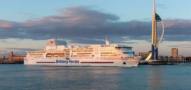 Brittany Ferries flagship Pont-Aven seen with new funnel fitted with green 'scrubber' technology 