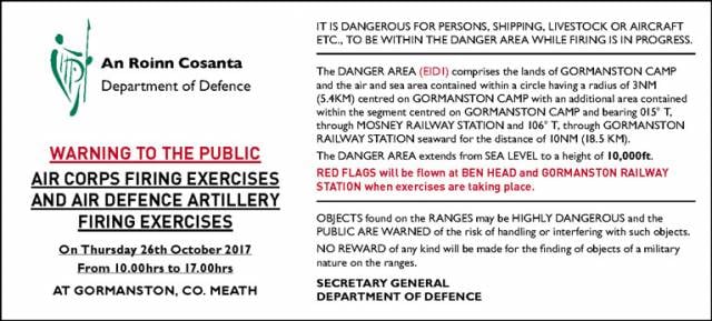 WARNING TO THE PUBLIC AIR CORPS FIRING EXERCISES AND AIR DEFENCE ARTILLERY FIRING EXERCISES