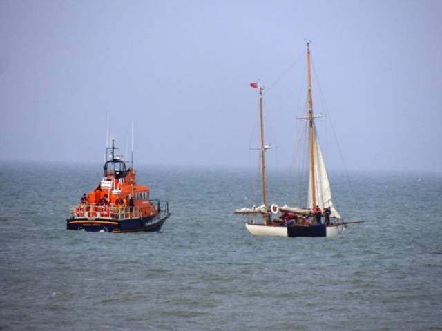 Arklow RNLI's Ger Tigchlearr arrives to assist the stranded vintage vessel on May Day