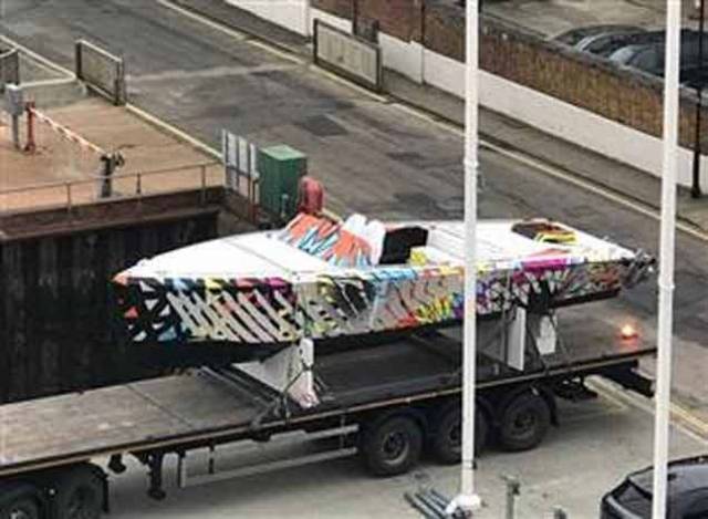 The new boat - spotted covered in vibrant camouflage at the BAR testing facilities early last week - will establish a whole new class of yacht