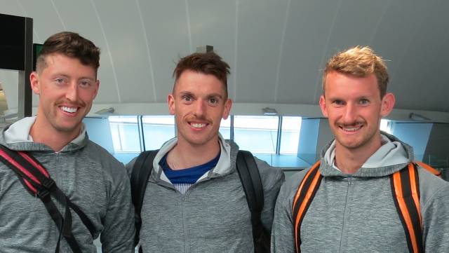 Mark O'Donovan, Shane O'Driscoll and Gary O'Donovan at Dublin Airport. 