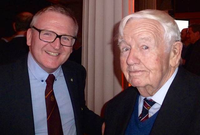 A meeting of true minds. Stephen Tudor of Pwllheli, Irish Sea Offshore Champion 2016 (left), with Ted Crosbie, Royal Cork YC Admiral 1984-86 and winner of the Helmsman Championship of Ireland in 1950, at the Volvo Sailor of the Year celebrations in Dublin on Friday night. SCroll down for a full gallery by Inpho photography