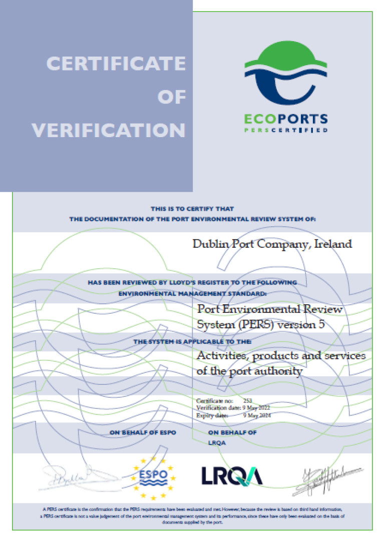 Dublin Port Receives Sixth EcoPorts Environmental Management Standard (PERS) Certificate