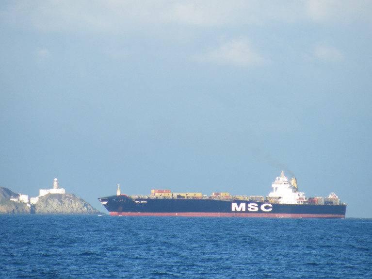 New Container Giant: MSC’s acquisition of a Brazilain operator, Log-In – Logistica Intermodal S.A., will add up to 15,000 TEU of capacity, edging MSC just above Maersk in the ranking table, according to a maritime analyst. Above: MSC Edith (1,658 TEU) arriving in Dublin Bay in recent years. AFLOAT adds, yesterday, a larger fleetmate MSC Joy (1,933 TEU) from Antwerp, Belgium, was observed arriving initially to Dublin Bay before the large Lo-Lo ship by Dublin Port standards, entered to berth at the DFT Terminal, a container division of Irish Continental Group.