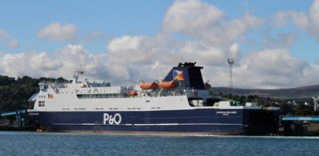 P&O Ferries ropax European Highlander at Larne, the vessel is one of two that operates the year round route to Cairnryan, Scotland
