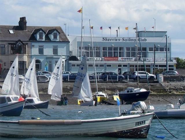 Skerries Sailing Club looking very trim, as befits the new SuperValu TidyTown status, with GP 14s preparing to go out to the race area