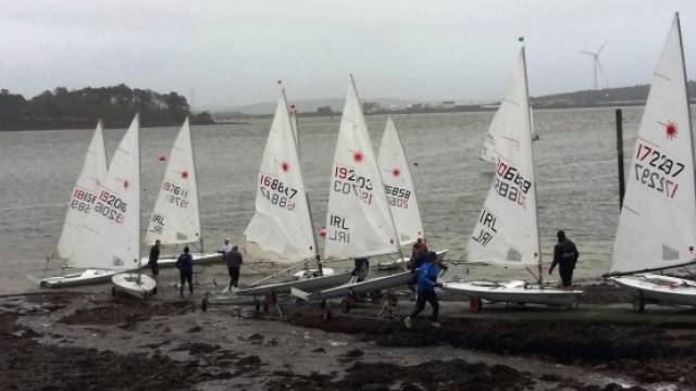 Monkstown Bay Sailing Club Lasers launch for a race in Cork Harbour