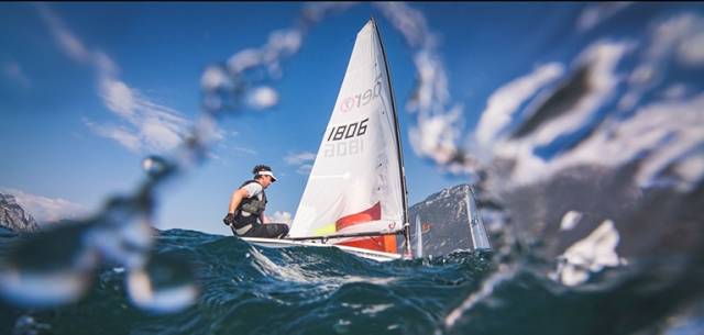 Moth dinghy builder Simon Maguire competing on Lake Garda at the RS Aero Cup