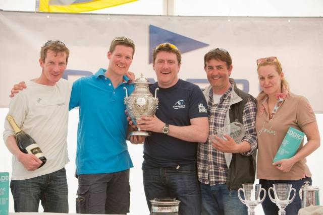 Dara O’Malley (in connacht T-shirt ) and his crew in on their Hunter 707 Seaword afte rtheir overall victory in the Silvers Marine Scottish Series at Tarbert this week