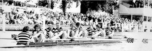 Dublin University Boat Club, the winners of the 1977 Ladies' Challenge Plate at Henley Royal Regatta. Pictured are KJ Mulcahy, EM O'Morchoe, DJ Sanfey, JPD Murnane, EDG Weale, DMJ Hickey, RI Reilly, JA Macken, JMP McGee, Coach: RWR Tamplin. 