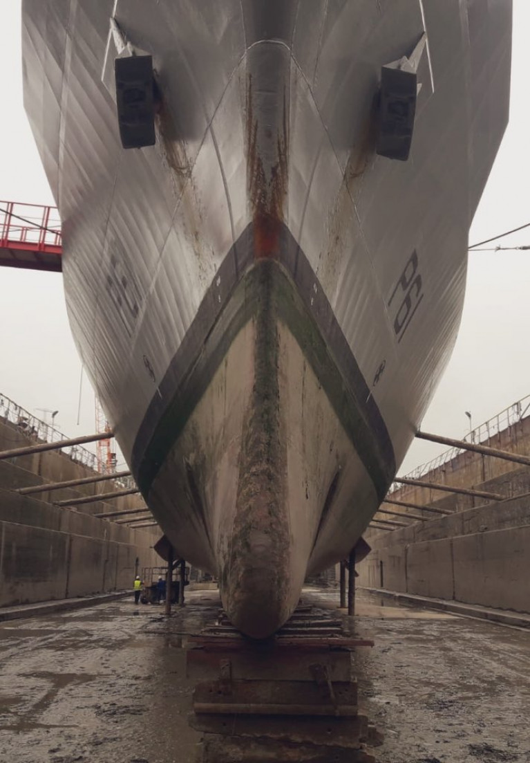 A bow on view of the Naval Service's LÉ Samuel Beckett's hull (3.8m draught) as the offshore patrol vessel is currently in the graving dry-dock (165.5m) of Cork Dockyard 