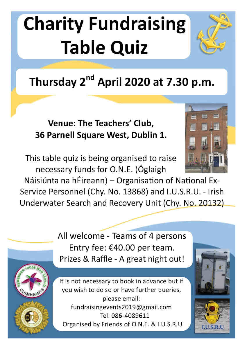 Poster for the Charity Table Quiz on Thursday 2 April at the Teacher’s Club in Dublin