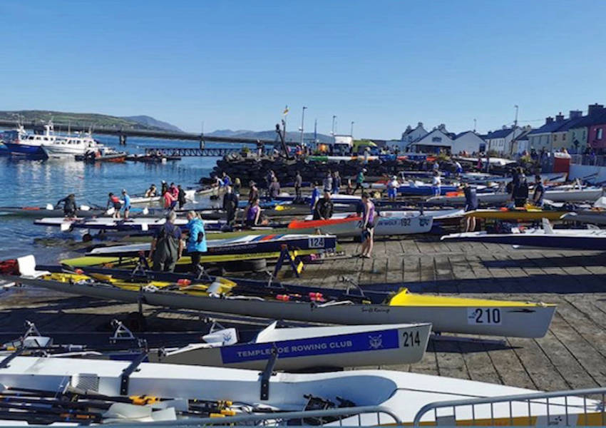 Boats lined up on the Portmagee slip at the 2020 Irish Offshore Rowing Championships