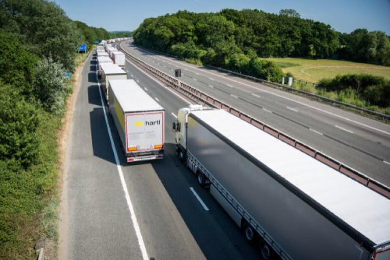 Lorries in the UK on a motorway in Kent near the Port of Dover