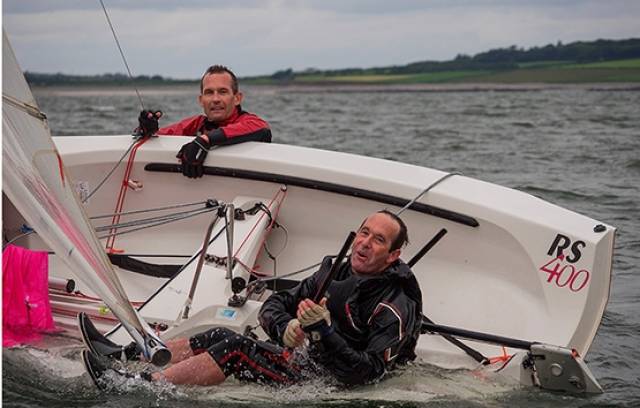 An RS400 crew capsized at the Sligo based Western championships