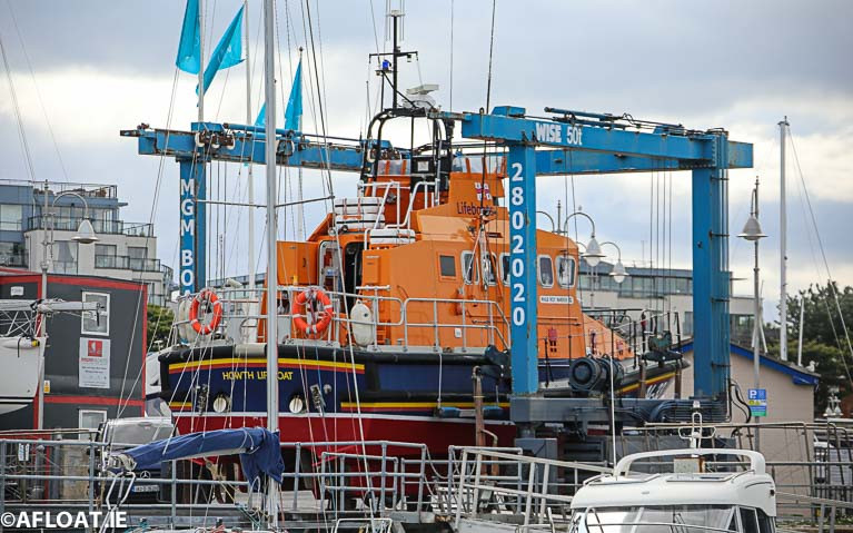 The RNLI Howth Lifeboat on the MGM Boat hoist in Dun Laoghaire Harbour in 2019