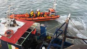 The Skerries inshore lifeboat escorts the stricken fishing vessel to Skerries Harbour