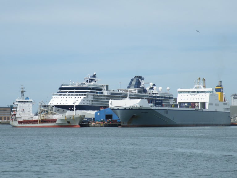 Webinar: The Future of Motorways of the Sea (MoS) is to be held on 1 July. Above AFLOAT&#039;s photo shows a diversity of ship types berthed in Dublin Port. From the left is a cement-carrier, cruise ship and con-ro vessel which connected Ireland and mainland Europe.