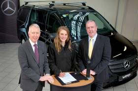 Aoife Hopkins at the announcement of her partnership with Mercedes-Benz, with chief executive Stephen Byrne and commercial vehicles sales manager Fergus Conheady
