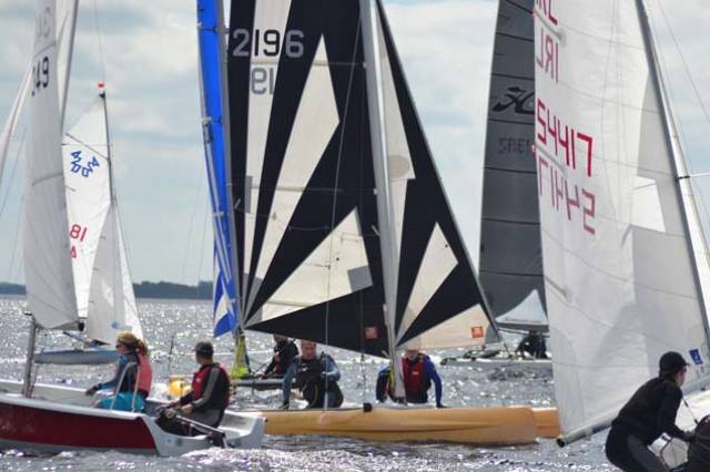 Pre-start manoeuvres before the second stage. The historic Cong-Galway Race attracts a mixed fleet, with catamarans setting the pace. Photo: Pierce Purcell