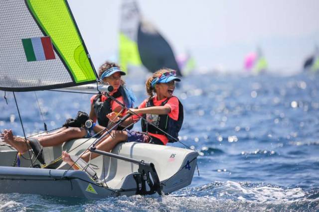 An Italian pairing compete at the RS Feva Worlds in Follonica, Italy this week