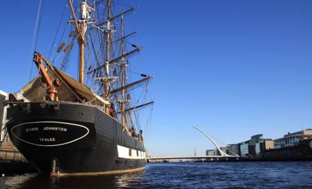 Jeanie Johnston is 'open' for tours though not at the above berth of Custom House Quay. Instead the barque is at temporary southside berth beyond the Samuel Beckett bridge (also pictured) along Sir John Rogersons Quay. 