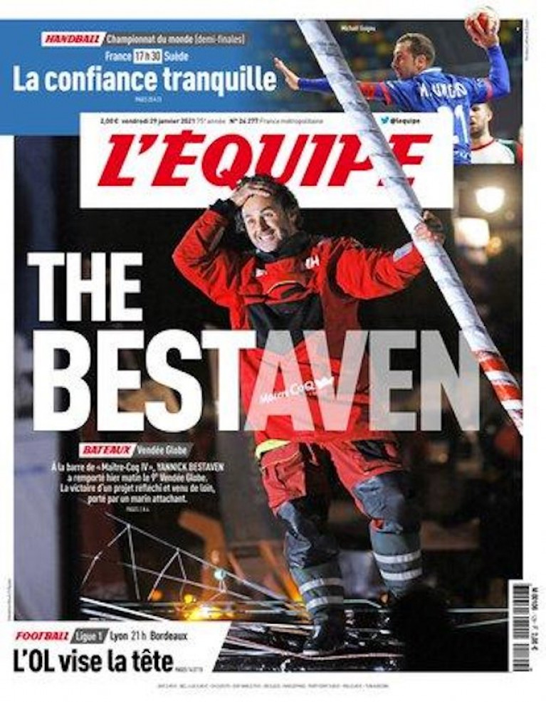 L'Équipe, the French nationwide daily newspaper devoted to sport, features Vendee Globe winner Yannick Bestaven (and his Dubarry boots) on its front cover