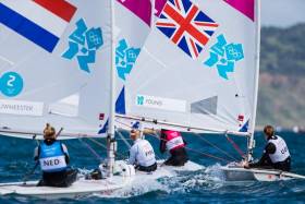 GB&#039;s Alison Young on the stern of Ireland&#039;s Annalise Murphy at the London 2012 Olympic Regatta