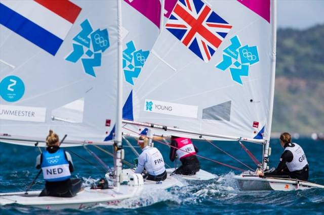 GB's Alison Young on the stern of Ireland's Annalise Murphy at the London 2012 Olympic Regatta