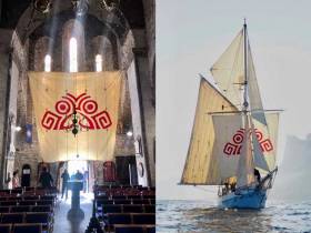 Symbolic link – Ilen’s squaresail with the distinctive Salmons Wake logo on display in St Mary’s Cathedral in Limerick during the Spring, and in use off the coast of Greenland this summer as the ship continues her mission in researching the Atlantic salmon story, and developing cultural links between Limerick and the Greenland capital of Nuuk