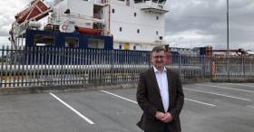 Port of Galway CEO Conor O&#039;Dowd in front of a regular visitor to the city&#039;s Docks, the Corrib Fisher. AFLOAT adds the James Fisher Everard tanker operates from Whitegate Oil Refinery, Cork Harbour which was previously served by Galway Fisher. 