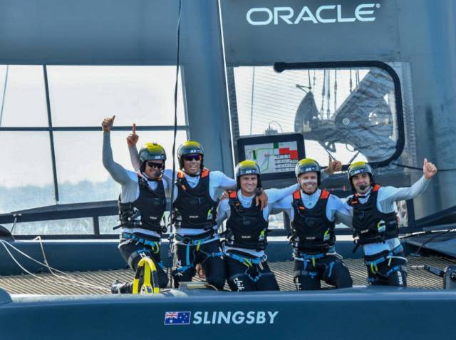 Australia SailGP Team celebrate their win in the home water’s of Sydney Harbour on the first stop of the inaugural race series